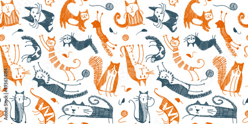 Hand drawn childish simple seamless pattern with cats  mouse  skein of thread in Scandinavian flat cartoon style isolated on white background. Hatch graphic animals print