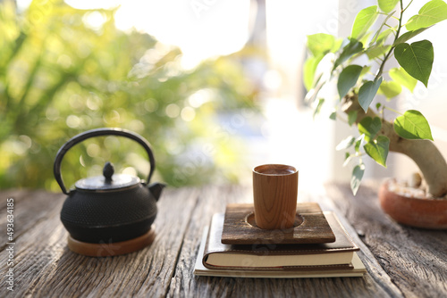 Metal tea pot and bamboo tea cup and small bodhi tree