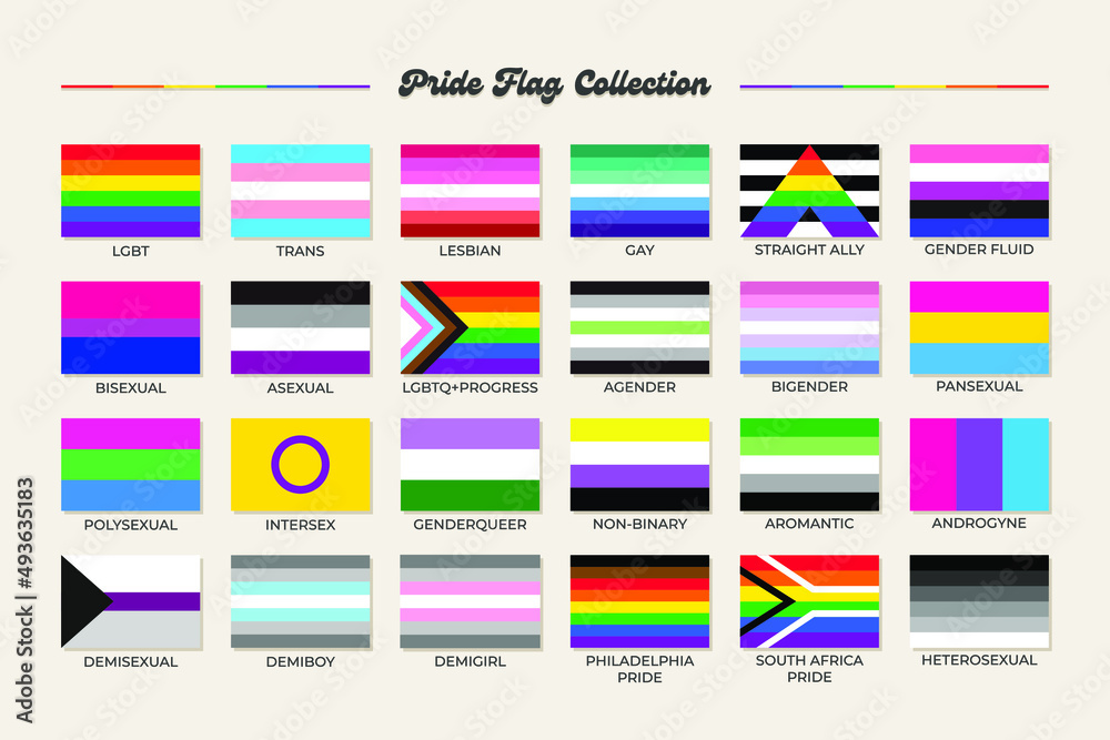 LGBTQ+ sexual identity pride flags collection. Flag of gay, transgender, bisexual, lesbian etc. Pride concept