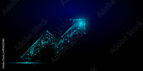 Stock and investment concept. A low polygon with a wireframe of the upper arrow and shiny on dark background. Burish market, profit of wealth, high-risk high return, business growth up.