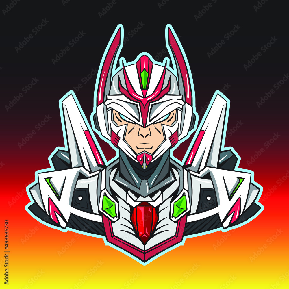 Furious Cyborg E-Sport Logo design in cartoon mecha style. suitable for gamer, toy industry, game character, social media profile avatar,comic, coloring book,poster,mascot