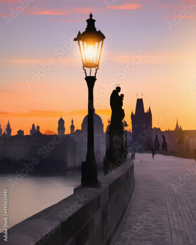 Photography Digital painted famous place in Prague city, Czech Republic