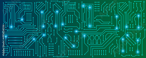 circuit board electronic or electrical line on blue and green engineering technology with glow light concept vector panorama background
