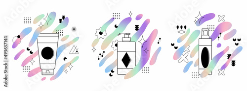 Bundle of various cosmetic container for face, skin, hair and halographic sprays with geometric shapes. Bottles, tubes and jars for organic lotion, cream, shampoo and gel. Vector flat illustration 