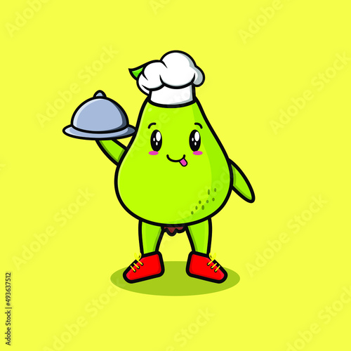 Cute Cartoon chef pear fruit mascot character serving food on tray cute style design