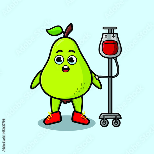 Cute cartoon illustration of pear fruit having blood transfusion with cute modern style deign