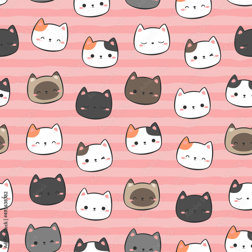 Seamless Pattern with Kitty Cat Head Cartoon Doodle