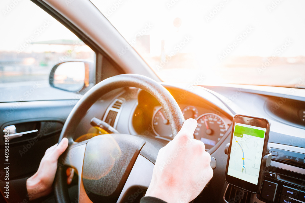 Gps device map system. Global positioning system on smartphone screen in  auto car on travel road. GPS vehicle navigator driver device. Stock Photo |  Adobe Stock