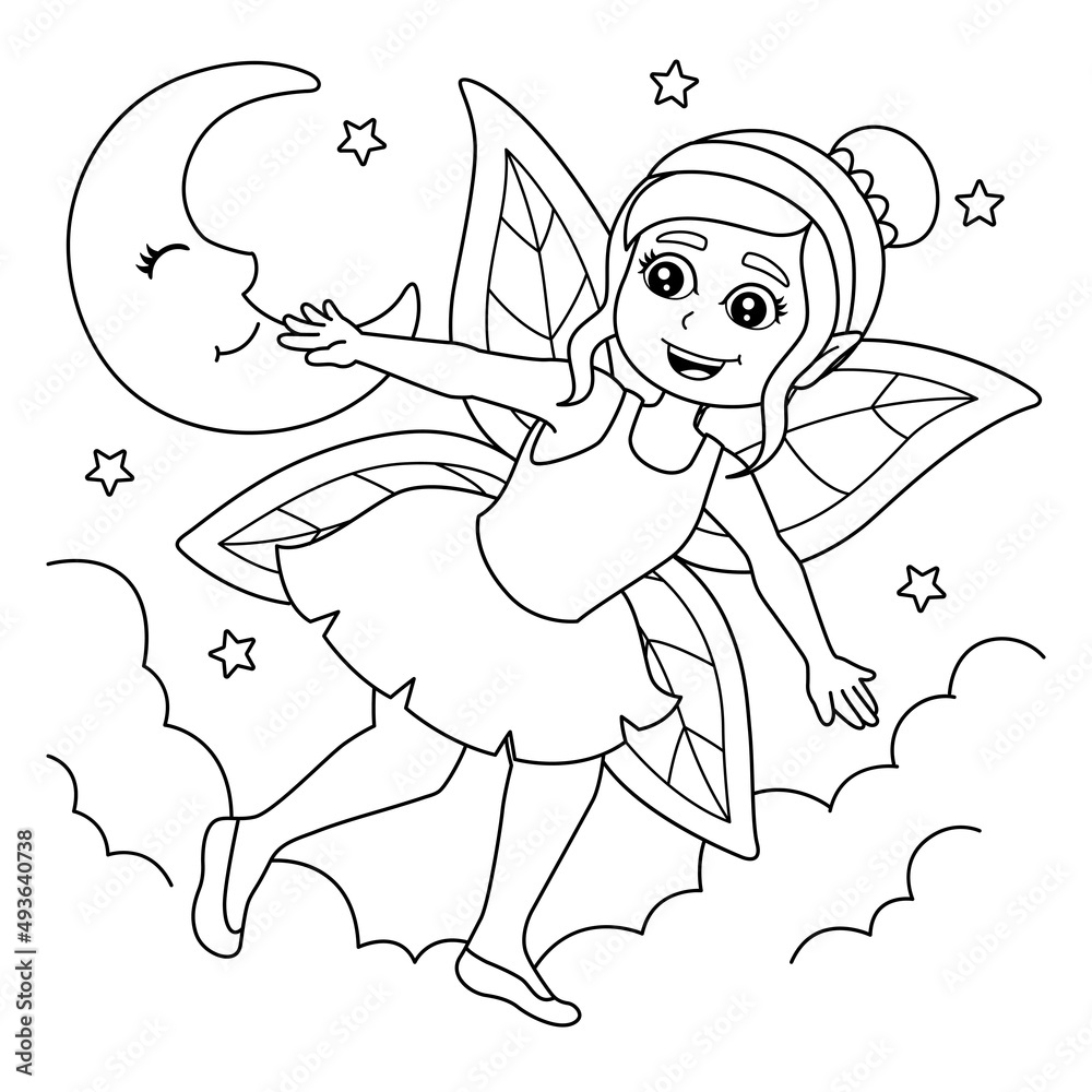 Flying Fairy Coloring Page for Kids Stock Vector | Adobe Stock
