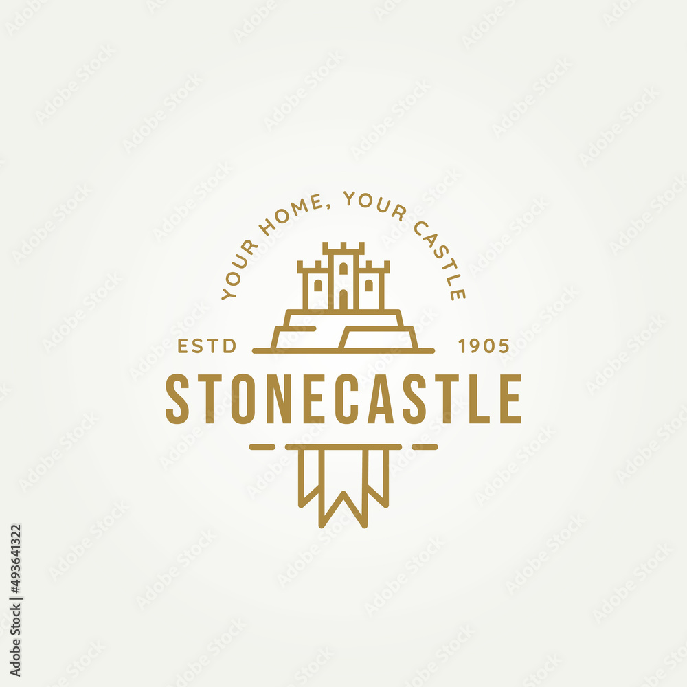 stone castle simple line art logo icon template vector illustration design. medieval castle above the stone with flag symbol