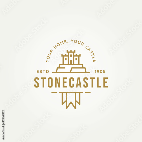 stone castle simple line art logo icon template vector illustration design. medieval castle above the stone with flag symbol