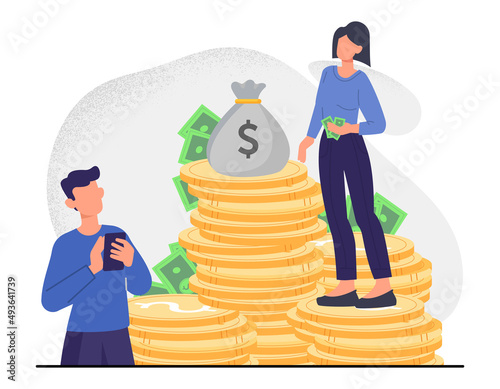 Salary gap concept. Man and woman with different financial level or condition. Difference between rich employee with bunch of coins and poor person. Wages. Cartoon modern flat vector illustration
