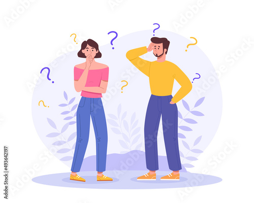 Couple with question marks concept. Disappointed man and woman think, ask, doubt and look for answers. Solving problems and overcoming difficulties in relationships. Cartoon flat vector illustration