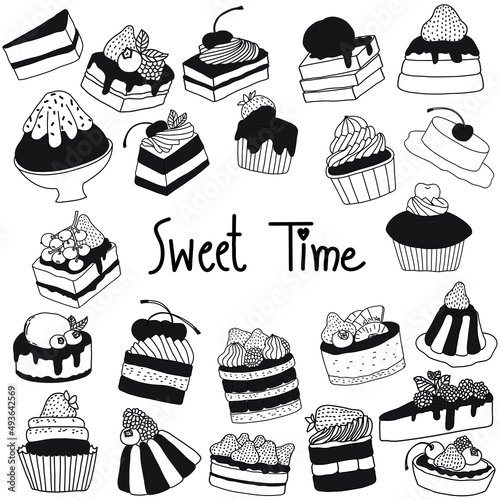 Hand drawn sweet cake and dessert set. Vector illustration on white background