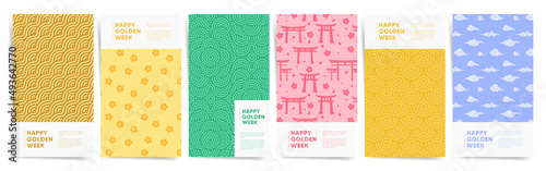 Golden week japan vertical screen template set for social media stories, brochure or poster, asian background. Golden week holiday promo layout with geometric traditional and classic patterns