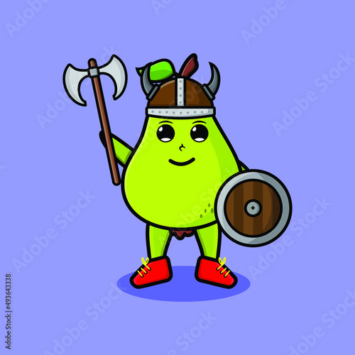 Cute cartoon character Pear fruit viking pirate with hat and holding sword and shield in cute modern style design 