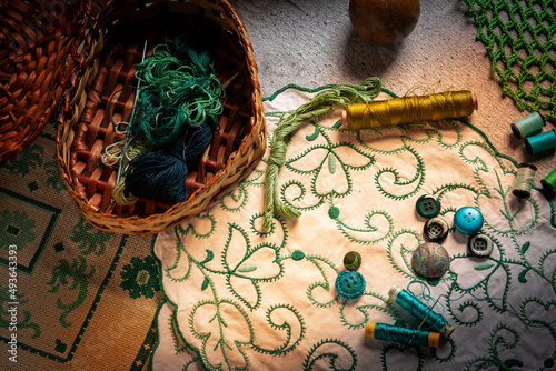 Sewing and embroidery supplies on a table