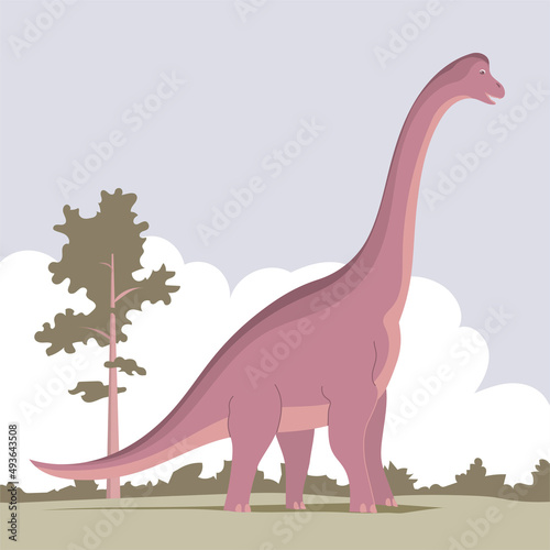 Big brachiosaurus with a long neck. Herbivorous dinosaur of the Jurassic period. Vector cartoon illustration. Prehistoric nature background