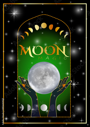 Witchcraft magic ritual with full moon and waxing waning moon phases