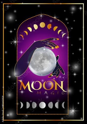 Witchcraft ritual with full moon and waxing waning moon phases