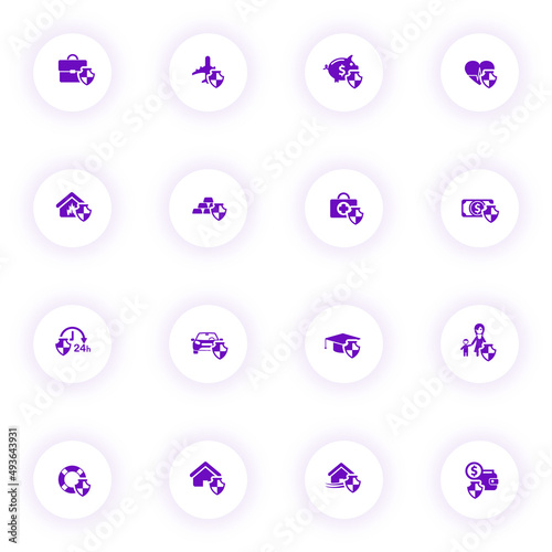 insurance purple color vector icons on light round buttons with purple shadow. insurance icon set for web, mobile apps, ui design and print