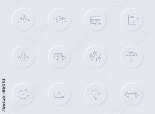 insurance gray vector icons on round rubber buttons. insurance icon set for web, mobile apps, ui design and promo business polygraphy