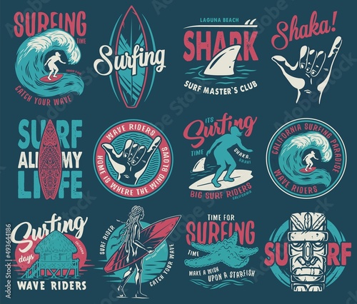 Surfing set with surfer and syrf on wave. Shaka, shark starfish on coast and surfboard for summer vector t-shirt hawaii apparel design