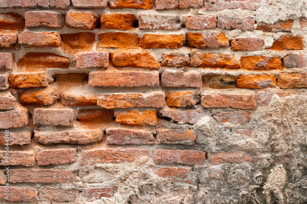 red brick block wall texture old background ancient weathered brick wall with cracks and destroyed stucco layer with copy space red brick block wall texture old background ancient weathered brick wall with cracks and destroyed stucco layer with copy space