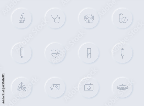 medical gray vector icons on round rubber buttons. medical icon set for web, mobile apps, ui design and promo business polygraphy