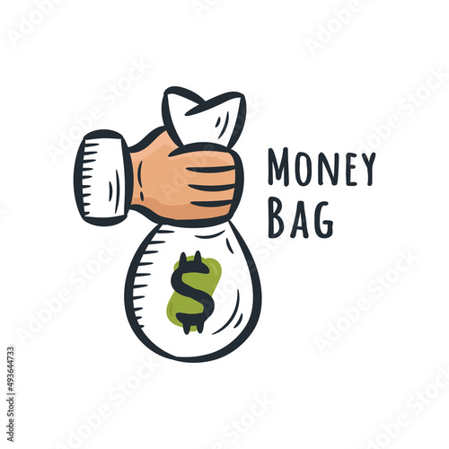 Hand holding money bag cartoon icon illustration concept sketch hand drawn vintage style
