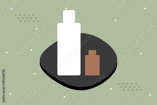 Products display mockup vector illustration. Demo pot illustration. Flat product showing mockup design with bottles.

