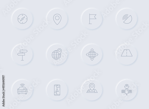 navigation gray vector icons on round rubber buttons. navigation icon set for web, mobile apps, ui design and promo business polygraphy
