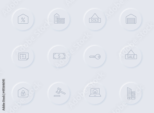 real estate gray vector icons on round rubber buttons. real estate icon set for web, mobile apps, ui design and promo business polygraphy