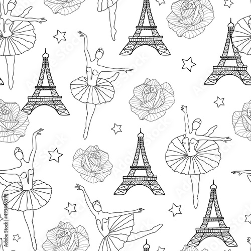 Eiffel Tower, Dancing Girls and Roses Seamless Pattern. French vector white background. Vintage fabric design in pastel colors