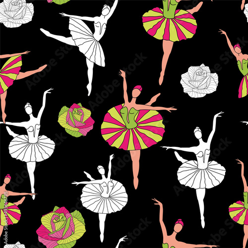 Eiffel Tower, Dancing Girls and Roses Seamless Pattern. French vector black background. Vintage fabric design in pastel colors