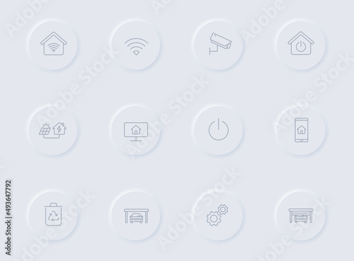 smart home gray vector icons on round rubber buttons. smart home icon set for web, mobile apps, ui design and promo business polygraphy
