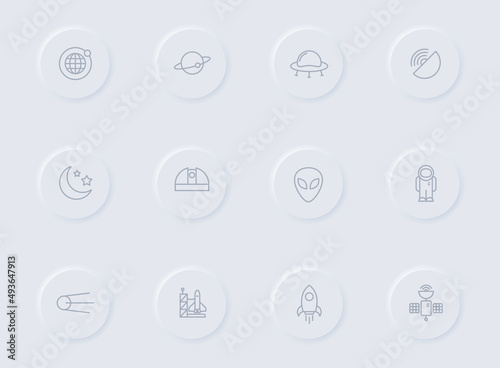 space gray vector icons on round rubber buttons. space icon set for web, mobile apps, ui design and promo business polygraphy