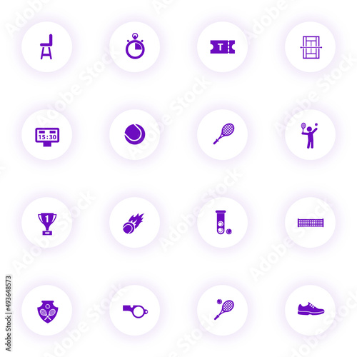 tennis purple color vector icons on light round buttons with purple shadow. tennis icon set for web, mobile apps, ui design and print