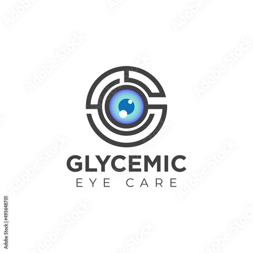 glycemic eye care logo, creative initial G, E, and C with eyeball in middle