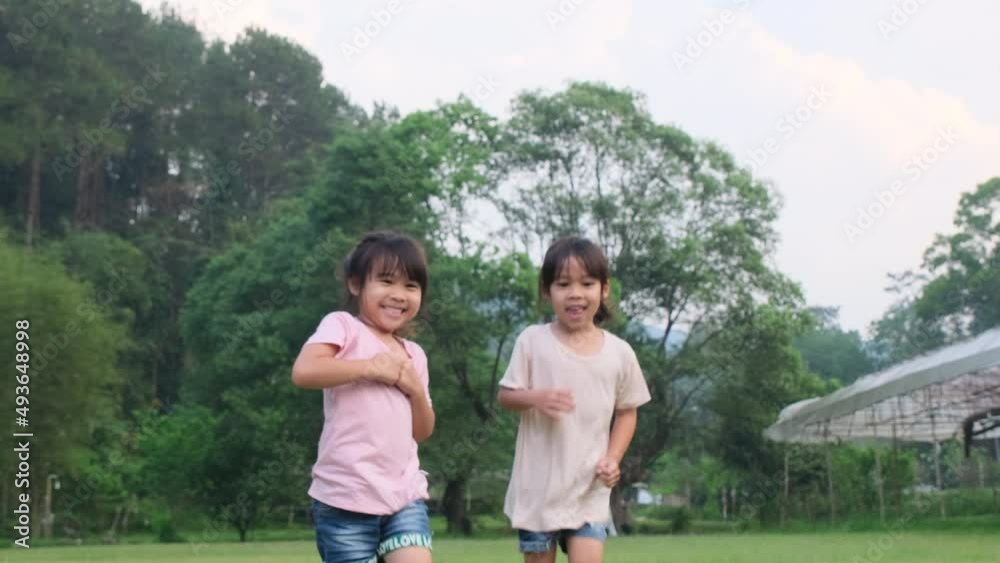 Two cute little sisters are smiling and playing in the park. Two cute little sisters are smiling and playing in the park.