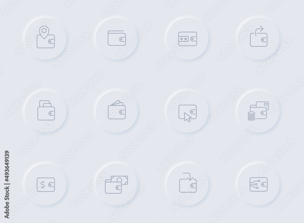wallet gray vector icons on round rubber buttons. wallet icon set for web, mobile apps, ui design and promo business polygraphy wallet gray vector icons on round rubber buttons. wallet icon set for web, mobile apps, ui design and promo business polygraphy