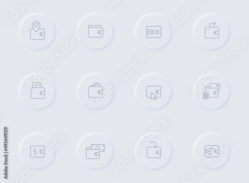 wallet gray vector icons on round rubber buttons. wallet icon set for web, mobile apps, ui design and promo business polygraphy