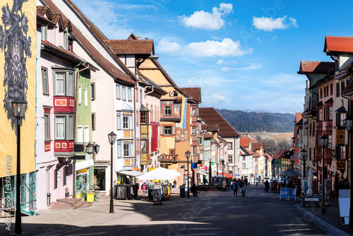 Cityscape with beautiful facades in down town of Rottweil on a sunny day in spring, Black forest, Germany