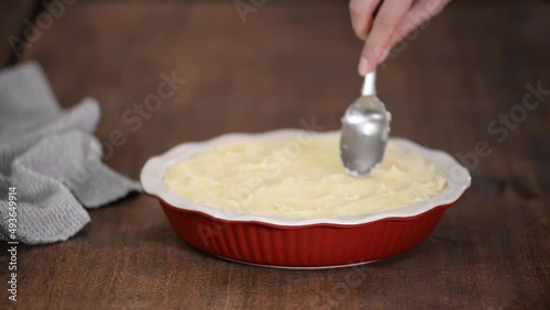 Process of making a homemade shepherd's pie. Close-up.