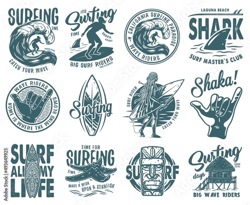 Surfing set with surfer and syrf on wave. Shaka, shark starfish on coast and surfboard for summer vector t-shirt hawaii apparel design