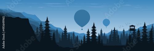 landscape mountain with hot air balloon flying flat design vector good for wallpaper, banner, background, backdrop, web, tourism and design template