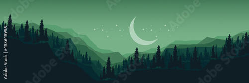 mountain landscape with moon and star flat design vector illustration good for wallpaper, banner, background, backdrop, banner, web, design template and tourism