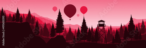 landscape mountain with hot air balloon flying flat design vector good for wallpaper, banner, background, backdrop, web, tourism and design template