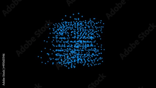 Animated blue cube consisting of many particles rotates endlessly on a black background.