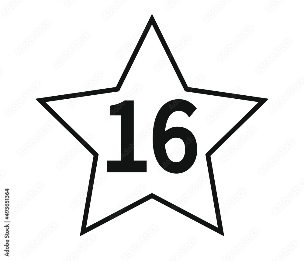 number 16. black vector with star and white background. number 16. black vector with star and white background.